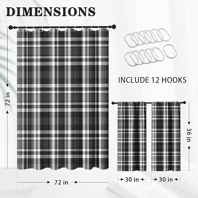 Culudea Plaid Black White Grid Shower Curtain Set, Checkered Modern Geometric Bathroom Window Waffle Cloth Waterproof Shower Curtains for Bathroom Decor
