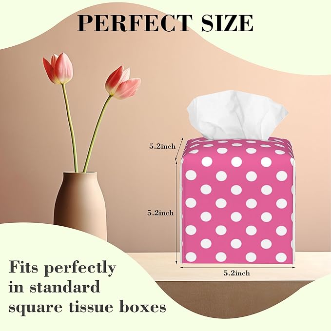 Pink Polka Dot Tissue Box Cover Square Leather Tissue Holder Waterproof Facial Paper Organizer Dispenser Cube Paper Cover Case for Home Office Bathroom Vanity Countertop