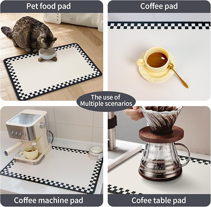 2PCS Drying Mat Kitchen Counter 24 X 16 Inches Non-slip Coffee Mat Fits Under Coffee Maker & Espresso Machine Dish Rack,Black White