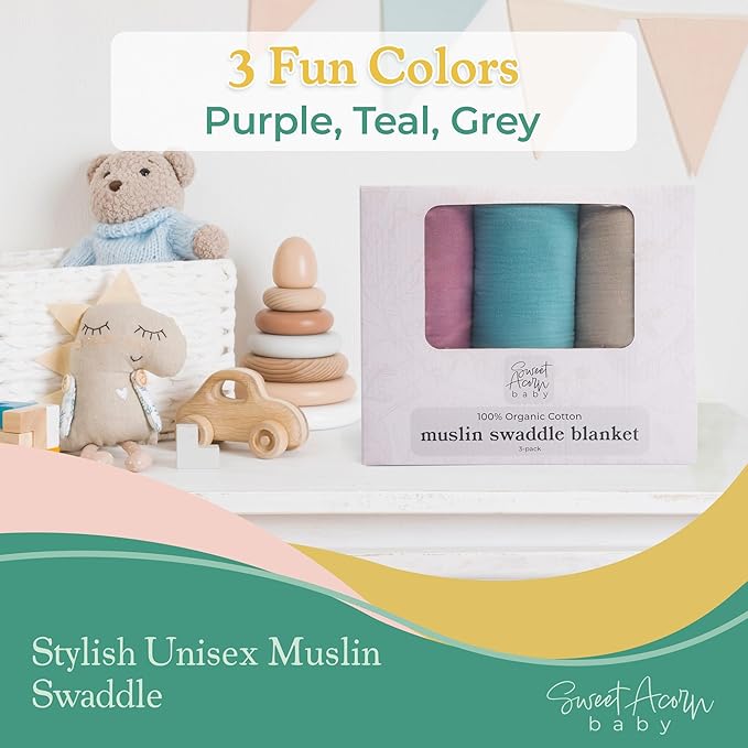 Sweet Acorn Muslin Swaddle Blanket – Soft Cotton Muslin Baby Blanket for Newborns, Infants, and Toddlers, All-Season Comfort Baby Essential - Purple, Teal, Grey