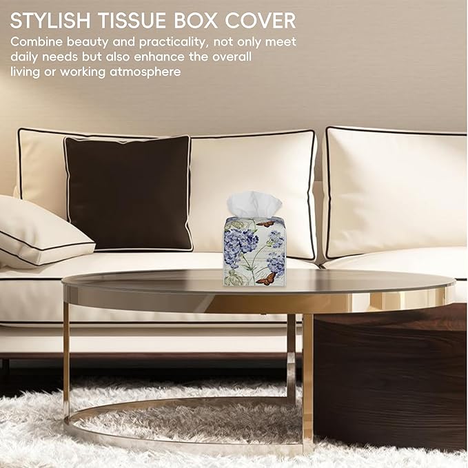 Tissue Box Cover Leather Tissue Box Holder Cube Tissue Case Cover Facial Paper Organizer Dispenser for Bathroom, Vanity Countertop, Office Desk (Vintage Hydrangea Flower and Butterfly)
