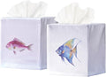 EmbroideryLinen.VN Tissue Box Cover Set of 2, Square Linen Tissue Holder, Printed Animal Pattern, 4.5x4.5x5.5 Inches, Decorative Holder for Bathroom, Living Room, Office (Fish)
