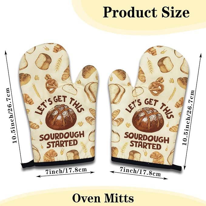 Funny Oven Mitts and Pot Holders Set of 3, Let's Get This Sourdough Started, Heat Resistant Non-Slip Kitchen Mitts Hot Pads, Sourdough Baker Gifts, Housewarming Gifts for Chef Bake Lovers