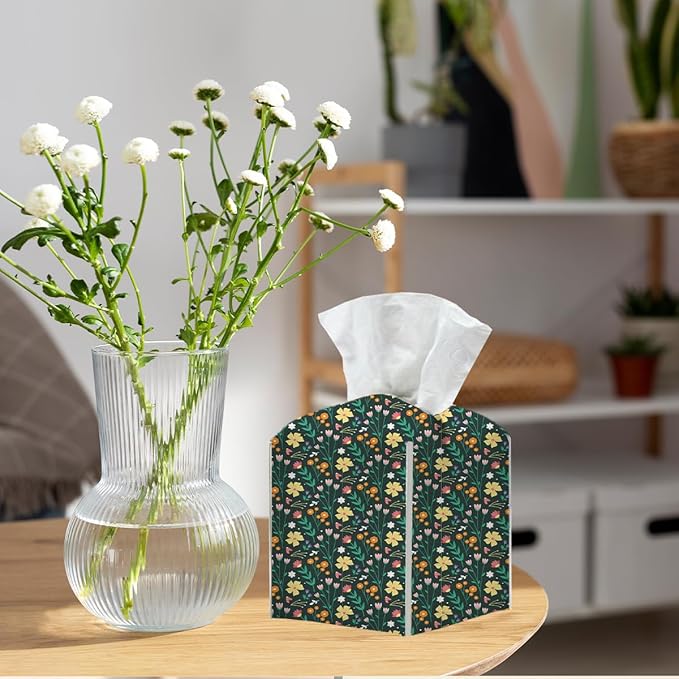 Tissue Box Cover, Tissue Box Holder, Square with Belt Bottom, PU Leather Decorative Organizer for Desk, Tabletop, Countertop Bathroom, Toilet, Car, Office, Dresser Kitchen, Aesthetic Wildflowers Decor