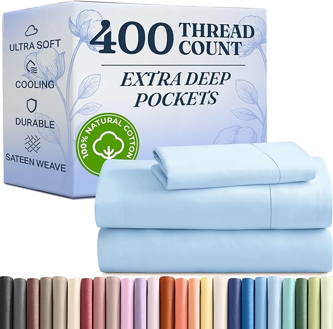 Extra Deep Pockets 400 Thread Count 100% Cotton 3 Piece Twin Size Bedding Sheet Set - Breathable & Cooling - Hotel Luxury Bed Sheets Set - Soft, Wrinkle Free And Comfy Light Blue Bedding Sheets Set