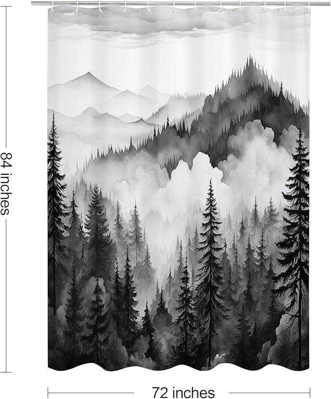 Litabel Black Extra Long Misty Pine Forest Shower Curtain 72 x 84, XL Mountain Foggy Woodland Scenery Tree Shower Curtains for Bathroom, Abstract Waterproof Nature-Themed Decor