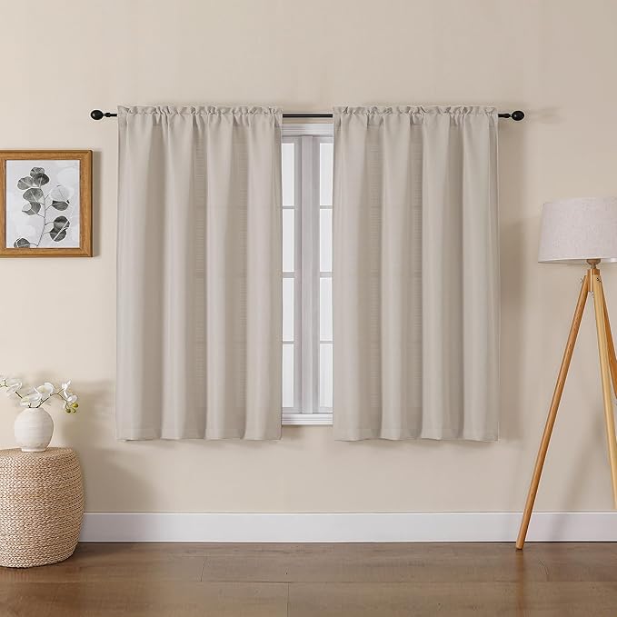 Lecloud Bessie Khaki Short Curtains 45 Inch Length 2 Panels, Faux Linen Light Filtering Curtains with Dual Rod Pocket, Farmhouse Small Window Curtain for Bedroom Living Room, Each 30 W x 45 L