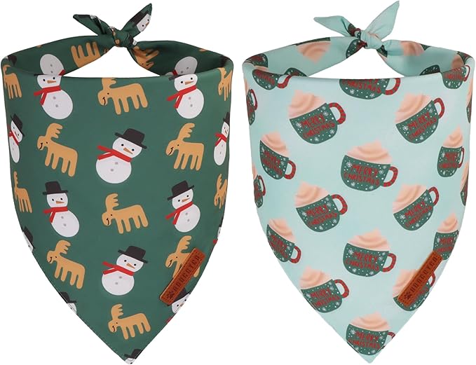 ADOGGYGO Green Christmas Dog Bandana, Snowman Reindeer Mug Pet Scarf, Adjustable Fit Merry Christmas Bandanas for Extra Large Dogs (X-Large)