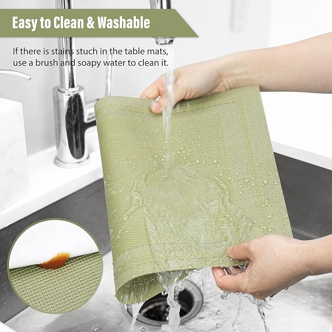 Winknowl Placemats Set of 8，Heat Resistant Woven Vinyl Washable PVC Place Mats，Non-Slip Stain Resistant Indoor/Outdoor Table Mats for Dining Table (Green)