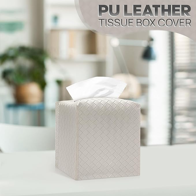 Tissue Box Cover Holder, PU Leather Tissue Box Cover with Braided Pattern, Square Tissue Holder with Bottom Belt, Modern Organizer for Bathroom, Car, Office, Tabletop(Pearl White,12 Braided Patterns)
