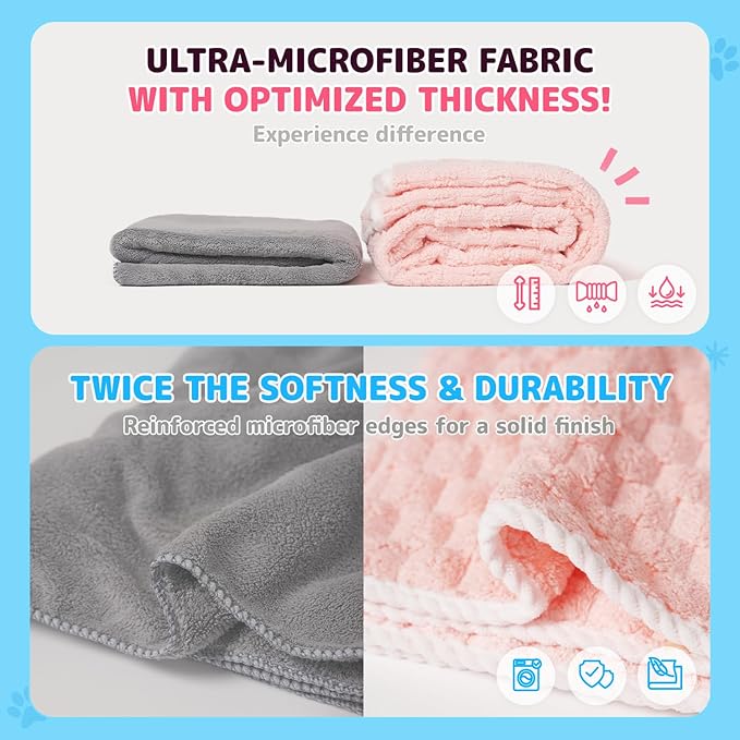 SOONTAN Microfiber Dog Towel Set for Drying Dogs – Absorbent, Quick-Dry, and Soft Towels for Bathing and Grooming Dogs and Cats, Including 2 Different Sized – Cloud Pet Towels (Pink)