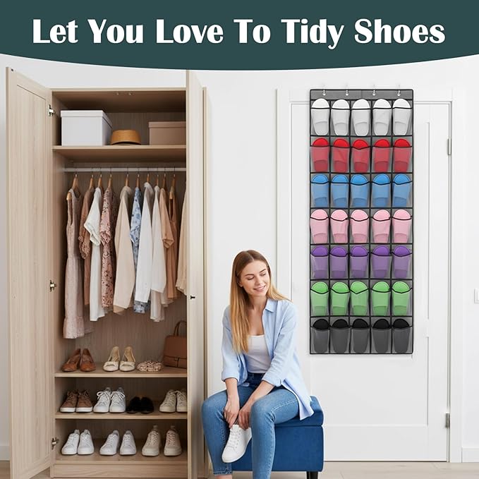 zisiueel 2 Pcs 70 Large over The Door Shoe Organizer Hanging Shoe Rack for Closet Holder Gray Mesh Pockets Back to School Behind Door Hanger Storage Nonslip for Home Room School Dorm, Each 35 Pockets