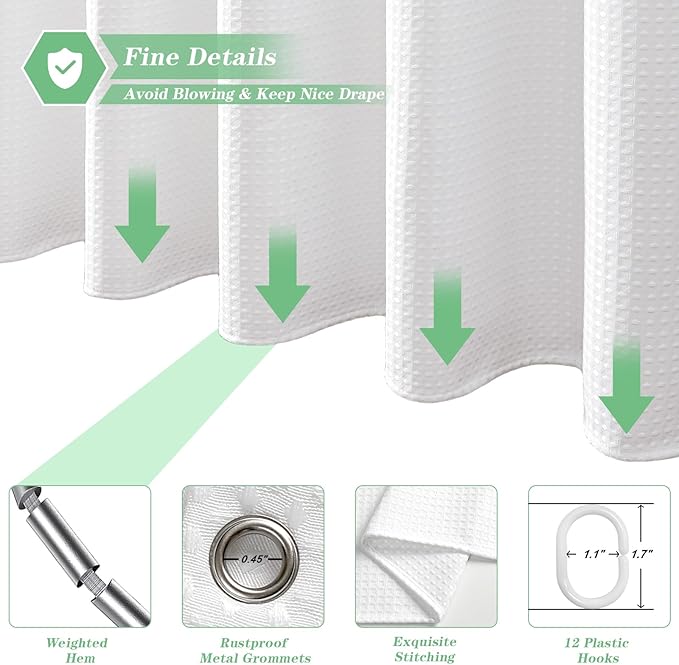meioro White Shower Curtain, Waffle Weave 256GSM Heavy Duty Textured Fabric Shower Curtains for Bathroom Hotel Spa, Luxury Weighted Polyester Cloth Bath Curtain Set with 12 Hooks, 36Wx72H