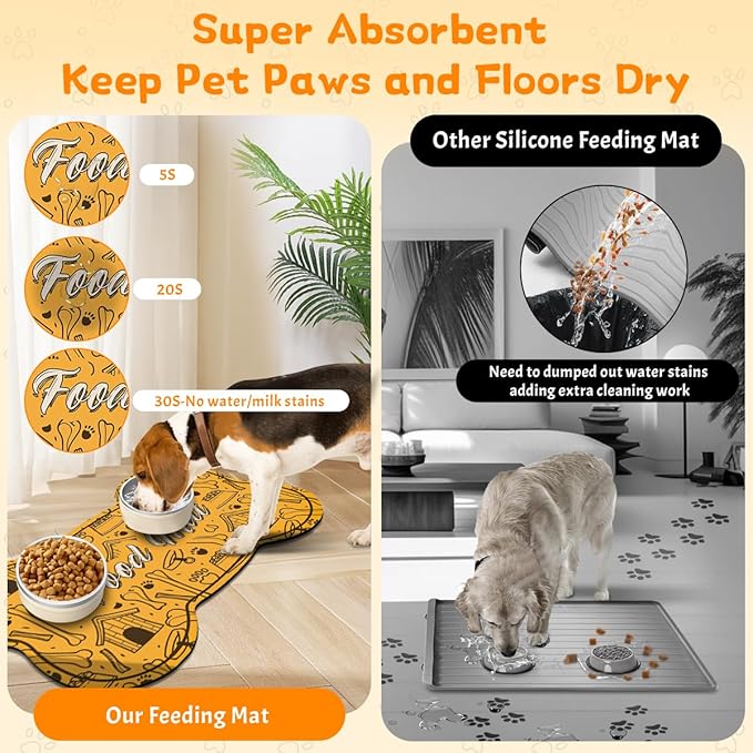 Pet Feeding Mat - Absorbent Dog Food Mat for Floors Waterproof，Dog Cat Placemat Mat for Food and Water Bowls - No Stains No Sliding Quick Dry Water Eating Dish Mat