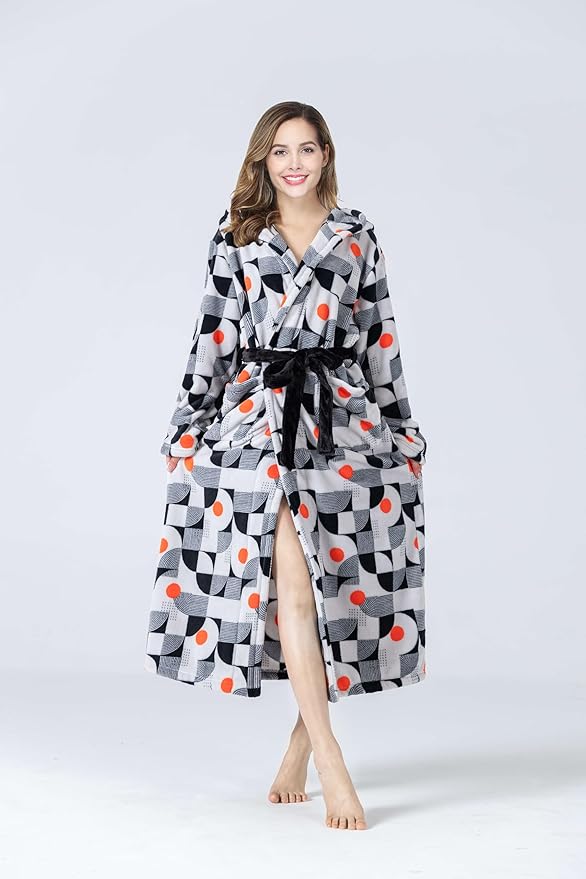 RONGTAI Womens Robes Plush Fleece Hooded Bathrobe Thick Nightgown with Pockets Fluffy Sleepwear