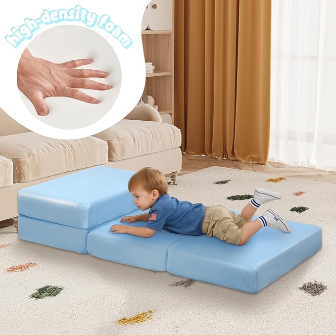 MeMoreCool Kids Foldable Floor Mattress – Plush Trifold Nap Mat, Blue Portable Toddler Sleeping Pad for Daycare & Travel, Machine Washable Cover