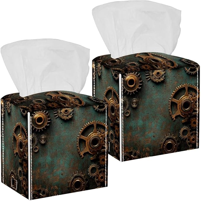 Set of 2 Tissue Box Cover, Steampunk Gears Background (1) Tissue Box Holder, Facial Napkin Dispenser for Bathroom Kitchen Bedroom Office Hotel
