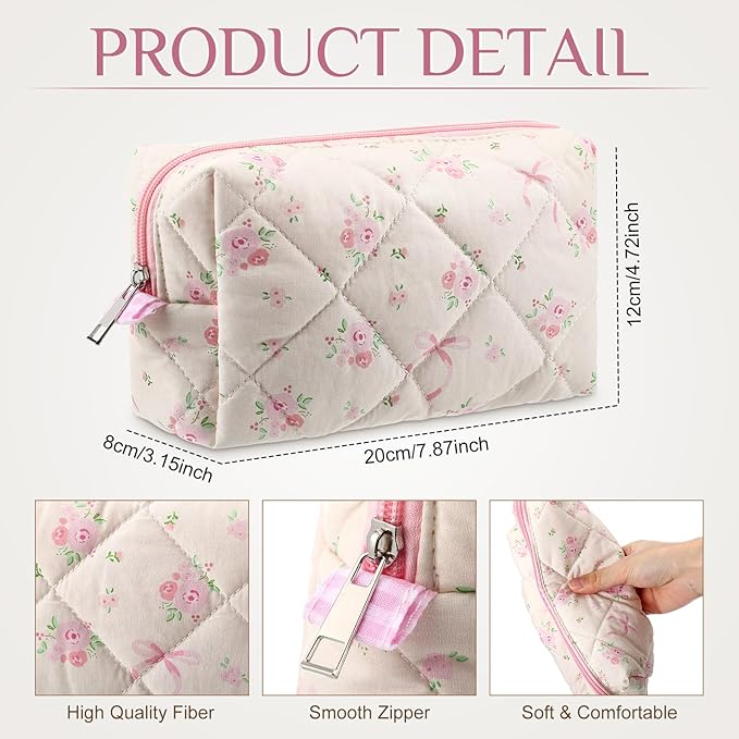 Paterr 10 Pcs Quilted Makeup Bag Bulk Cotton Floral Cosmetic Bag Women Girls Bridesmaid Gifts Cute Makeup Pouch Coquette Aesthetic Travel Toiletry Organizer(Pink Bow,6.30 x 3.94 Inches)
