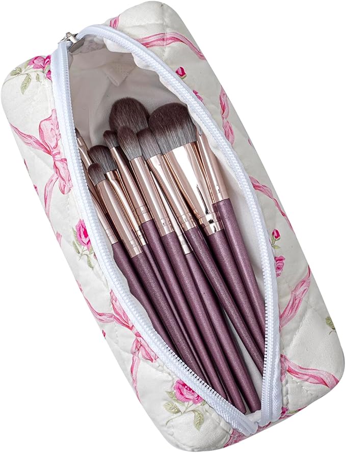 WHHJM Cute Floral Makeup Brush Bag Small Cotton Quilted Cosmetic Bag for Women Travel Toiletry Zipper Make Up Pouch (Pink Bowknot Rose)