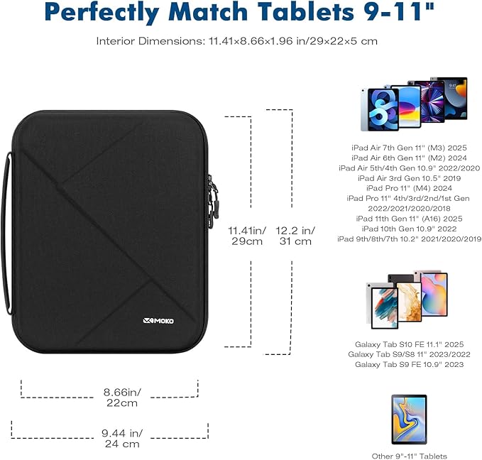 MoKo 9-11 Inch Tablet Sleeve Bag for New 11-inch iPad Air M3, i-Pad A16 2025, iPadPro 11 M5/M4, Air 5/4/3th 10.9"/10.5", 10/9/8th 10.9/10.2, Tab S8/S9 11", Hard EVA iPad Bag with Padded Handle, Black