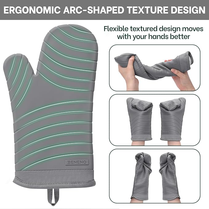 Beneno Heat Resistant Silicone Oven Mitts BPA-Free, Non-Slip Textured Grip & Quilted Cotton Lining, Waterproof Kitchen Mitt 2-Pack Set, 7"x13", Gray