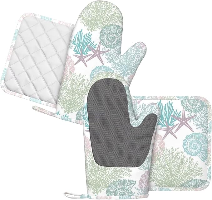 Nautical Coastal Oven Mitts and Pot Holders Set, 4pcs Silicone Starfish Seashell Coral Beach Themed Oven Glove for Kitchen Heat Resistant Oven Mitts and Non-Slip Potholders Pink Green Purple