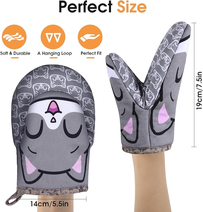 Mini Oven Mitts Cute,Silicone Oven Mitts Heat Resistant 500℉ with Non-Slip Grip and Soft Quilted Cotton Lining for Kitchen Cooking and Baking. Machine Washable-Cat