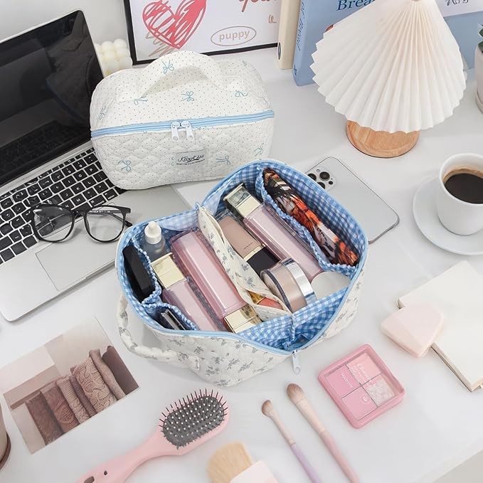 HiTotes Travel Makeup Bag Coquette Floral Cosmetic Bag Quilted Wide Open Lay Flat Toiletry Bag Cute Travel Makeup Pouch