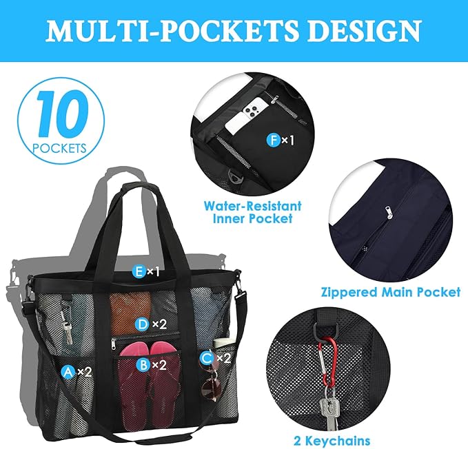 GYEUKHAM Mesh Beach Bag - Large Beach Tote Bag with Multiple Pockets for Family Beach Bag for Toys & Vacation Essentials