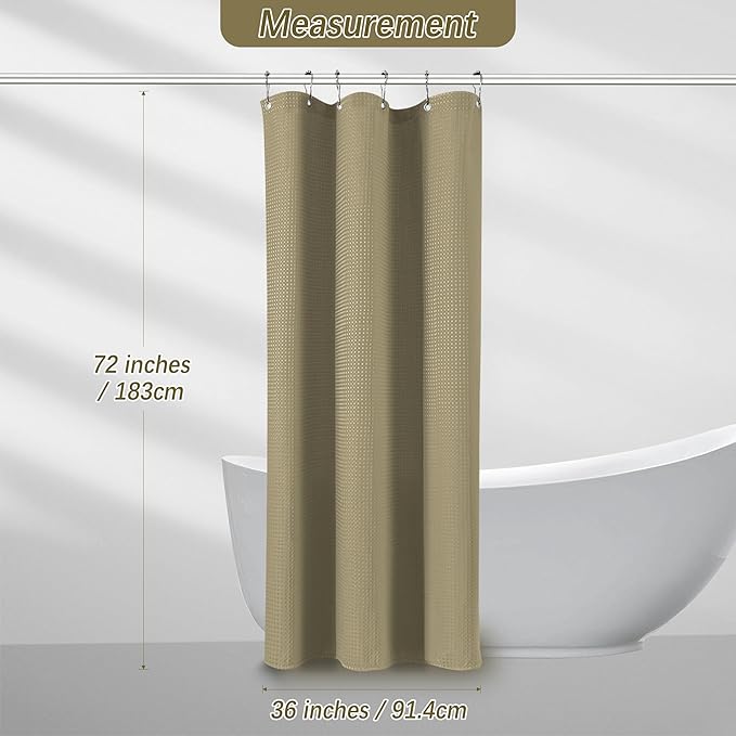 PANGSINNE Taupe Stall Fabric Shower Curtain - Water Repellent Waffle Textured 256GSM Heavy Duty Cloth Shower Curtains for Bath Tubs, Narrow Hotel Quality Bath Curtain Set with 6 Hooks, 36Wx72H