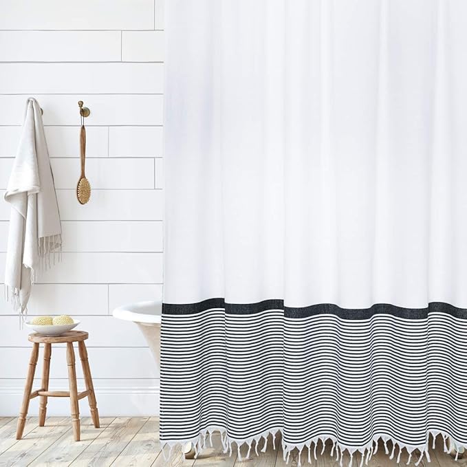 HALL & PERRY Modern Farmhouse Tassel Shower Curtain 100% Cotton Striped Fabric Shower Curtain with Tassels for Bathroom Décor (Black, 72"x72")