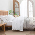 BESTOUCH Sheet Set 100% Washed Cotton Linen Feel Super Soft Comfortable Chic Lightweight 4 Pcs Home Bedding Set Solid Bright White Queen