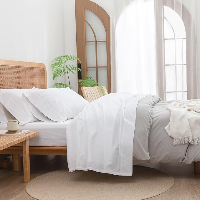 BESTOUCH Sheet Set 100% Washed Cotton Linen Feel Super Soft Comfortable Chic Lightweight 4 Pcs Home Bedding Set Solid Bright White Queen