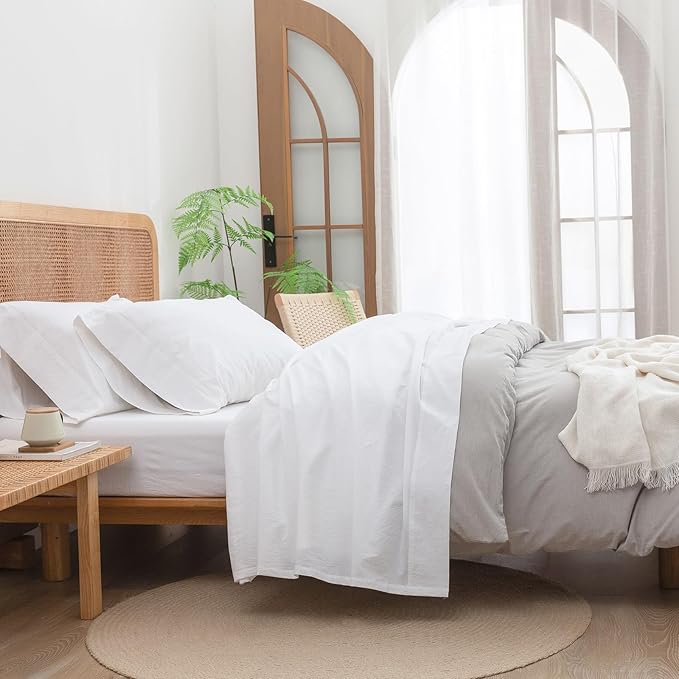 BESTOUCH Sheet Set 100% Washed Cotton Linen Feel Super Soft Comfortable Chic Lightweight 4 Pcs Home Bedding Set Solid Bright White Full