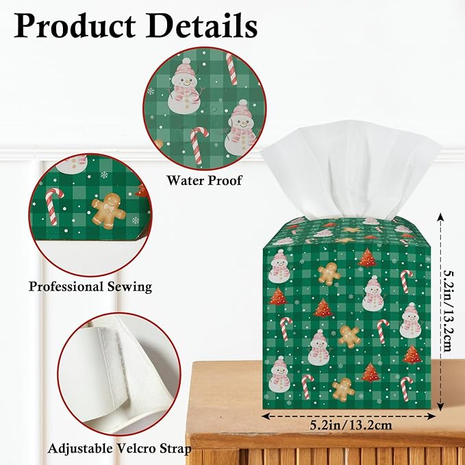 Christmas Gingerbread Tissue Box Cover, Snowman Leather Tissue Holders Decorative for Home Office Kitchen Bathroom Organizer, Square Facial Paper Organizer Christmas Table Decor -036