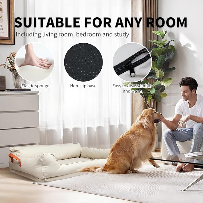Removable Orthopedic Dog Beds for Large Dogs, Leather Memory Foam Dog Sofa Bed, Waterproof Durable Dogs Bed Couch with Non Skid Bottom for All Pet Sizes (Beige, Large)