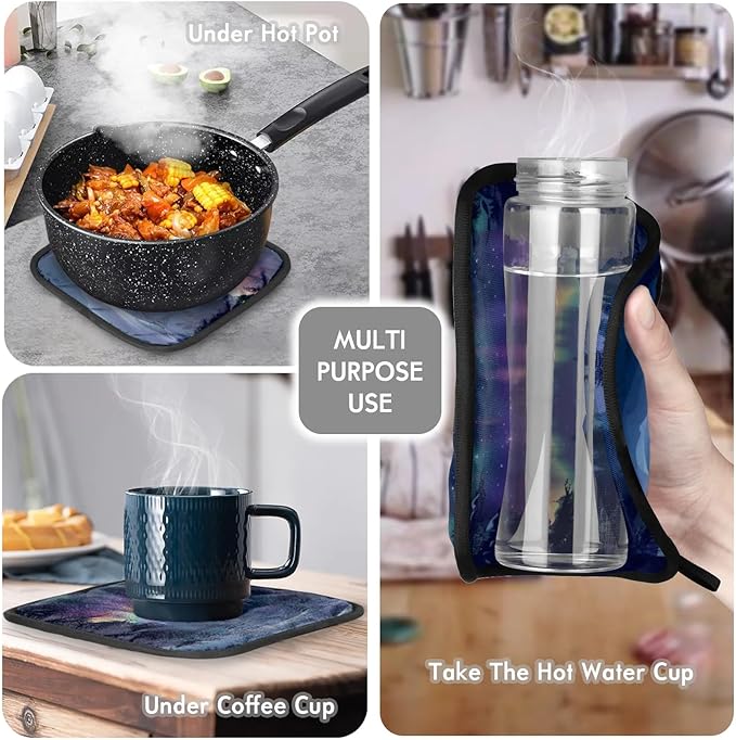 Northern Lights Oven Mitts and Pot Holder Set of 2, Kitchen Heat Insulation Pads Non-Slip Potholders Baking Gloves for BBQ Cooking Baking