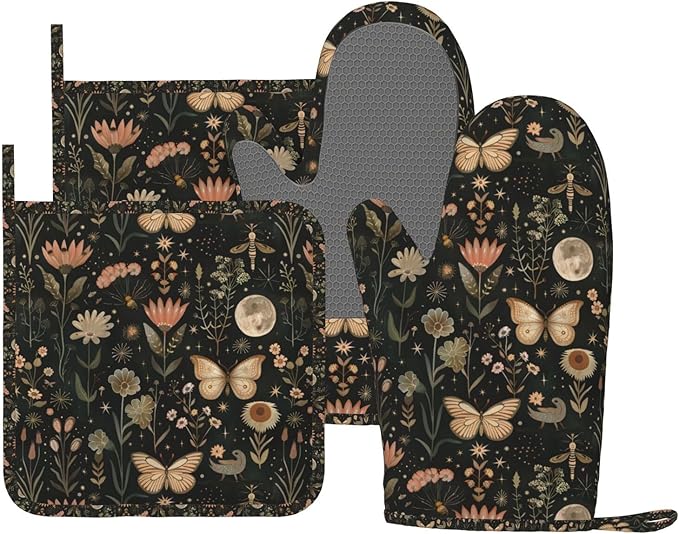 Oven Mitts Pot Holders Set Vintage Butterfly Moon Flower Silicone Kitchen Gloves Potholders Heat Resistant for Chef Baking Cooking Grilling BBQ 4 Pack Mitt