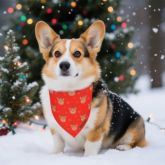 ADOGGYGO Red Christmas Dog Bandanas, Santa Reindeer Print Pet Scarf, Premium Durable Fabric, Red Christmas Bandanas for Small Dogs (Small)
