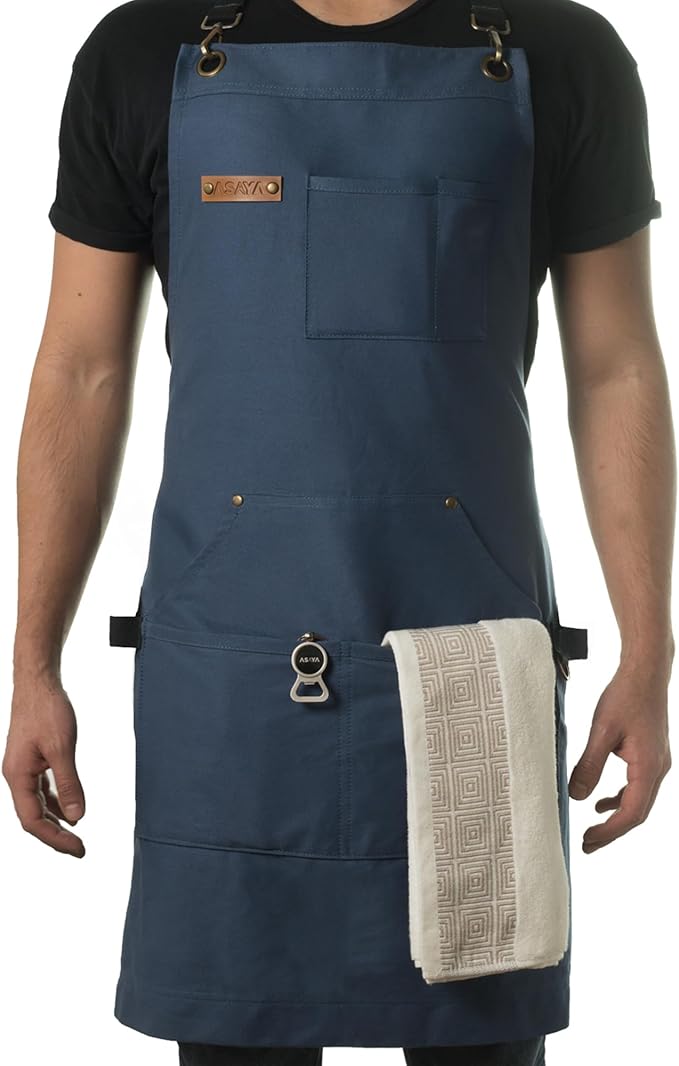 Asaya Chef and BBQ Apron with Bottle Opener and Hand Towel - 10oz Cotton Canvas, Stainless Steel Hardware - Cross Back Straps