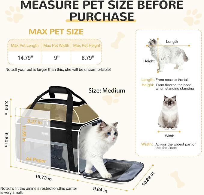 Lekereise Top-Expandable Pet Carrier 17x11x9.5 Inch Alaska Hawaiian Airline Approved Soft Sided Underseat to 12lbs Travel Carriers for Small Cats and Dogs with Locking Safety Zippers Anti-Scratch Mesh