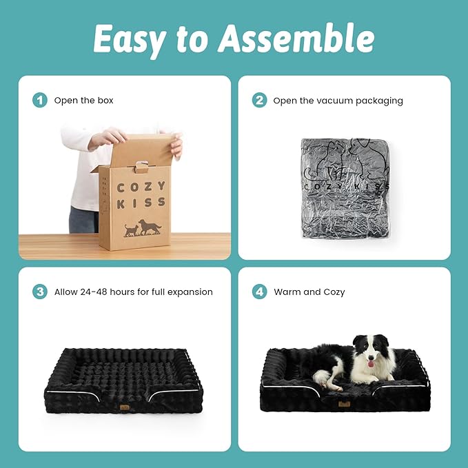 COZY KISS Orthopedic Dog Bed for Large Medium Size Dog, Soft and Warm Faux Fur Sofa for Pet Up to 75 lbs, Foam Bolster Anti-Slip Couch with Washable Removable Cover, L 36x27x6.5 inch, Black