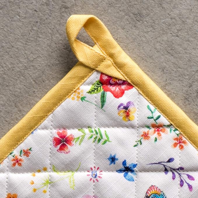Maison d' Hermine Pot Holders 100% Cotton Heat Resistant Potholders 8" x 8" Hot Pads with Loop BBQ, Cooking, Grilling, Kitchen, Handling Hot Pans Spring/Summer (Pack of 1, Happy Florals - Sweety)