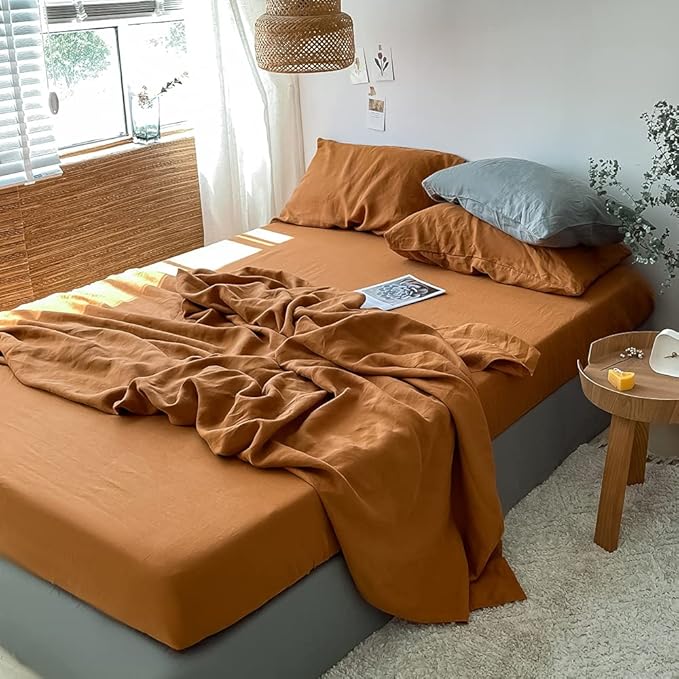Simple&Opulence Washed Linen Bed Sheet Set Basic Style 4 Pieces (1 Flat Sheet & 1 Fitted Sheet & 2 Pillowcases) 100% Natural French Flax Soft Breathable Farmhouse Bedding (King, Rust)