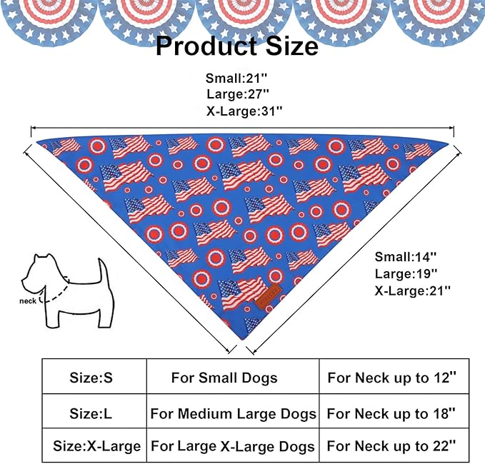 PTDECOR American Flag Dog Bandana White and Blue Flag Patterns, 4th of July Pet Scarf Reversible Triangle Patriotic Bandanas for Medium Large Dogs Pets (Large)