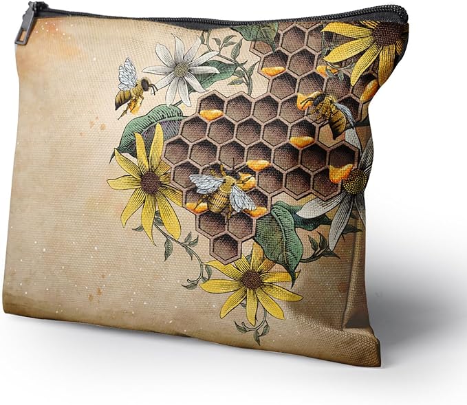 Cafl Retro Bee Makeup Bag Travel Large Honey Hive Cosmetic Bag Organizer toiletry Essentials Jewelry Zipper Bag Gift For Women -10×8 inch