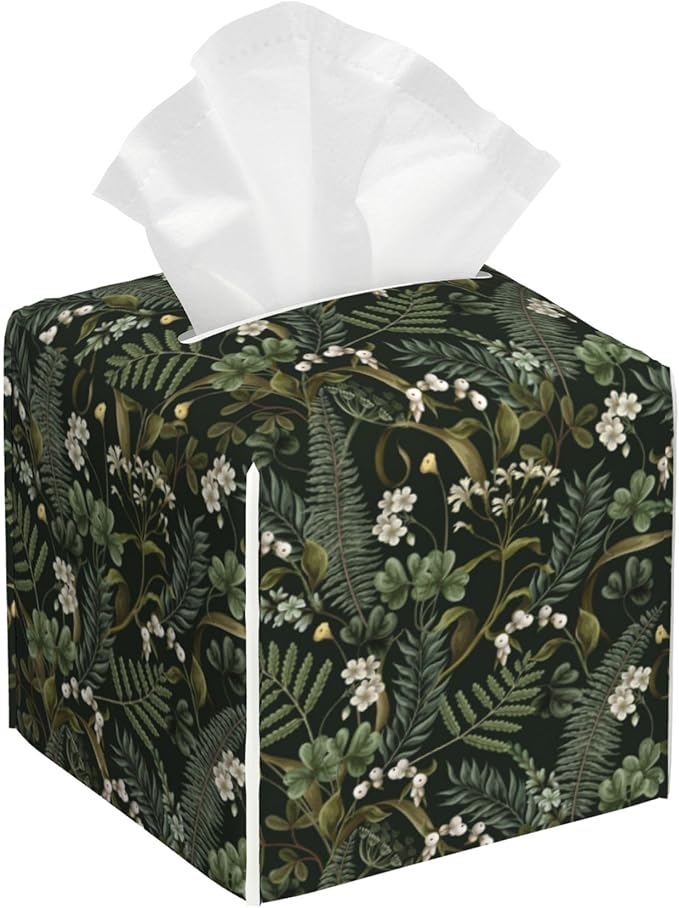 Tissue Box Cover Leather Tissue Box Holder Cube Tissue Case Cover Facial Paper Organizer Dispenser for Bathroom, Vanity Countertop, Office Desk (White Flowers and Berries)
