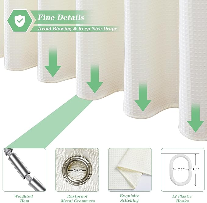 meioro Ivory Shower Curtain, Waffle Weave 256GSM Heavy Duty Textured Fabric Shower Curtains for Bathroom Hotel Spa, Luxury Weighted Polyester Cloth Bath Curtain Set with 12 Hooks, 72Wx84H