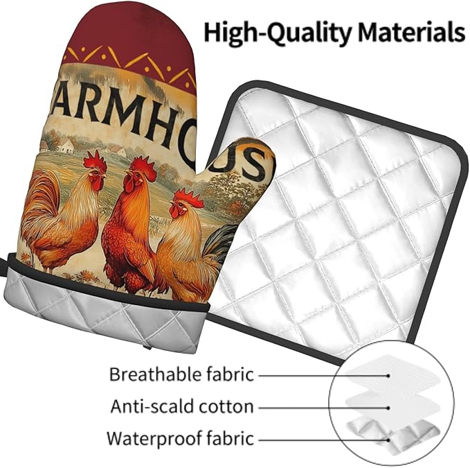 Farmhouse Rooster Oven Mitts and Pot Holder Set of 2 Vintage Chicken with Floral Kitchen Gloves Potholders Heat-Resistant Rustic Oven Gloves Hot Pads for Cooking Baking Grilling