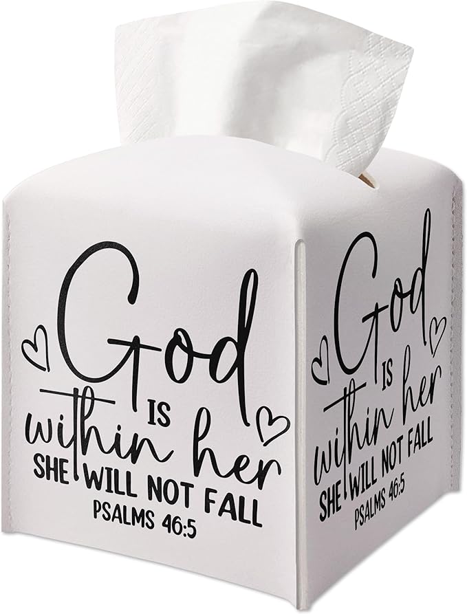 Christian Decorative Tissue Box Cover Square, Leather Tissue Box Dispenser, Inspirational Quote Gift Ideas for Bestie Friends, God is Within Her Decor for Bathroom Office-(5.2 Inches)